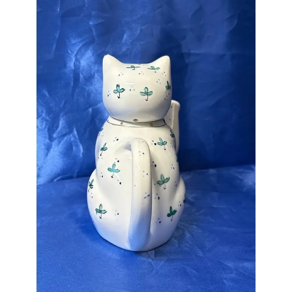 Vintage White Porcelain Cat Teapot Accented with Green Leaf Design